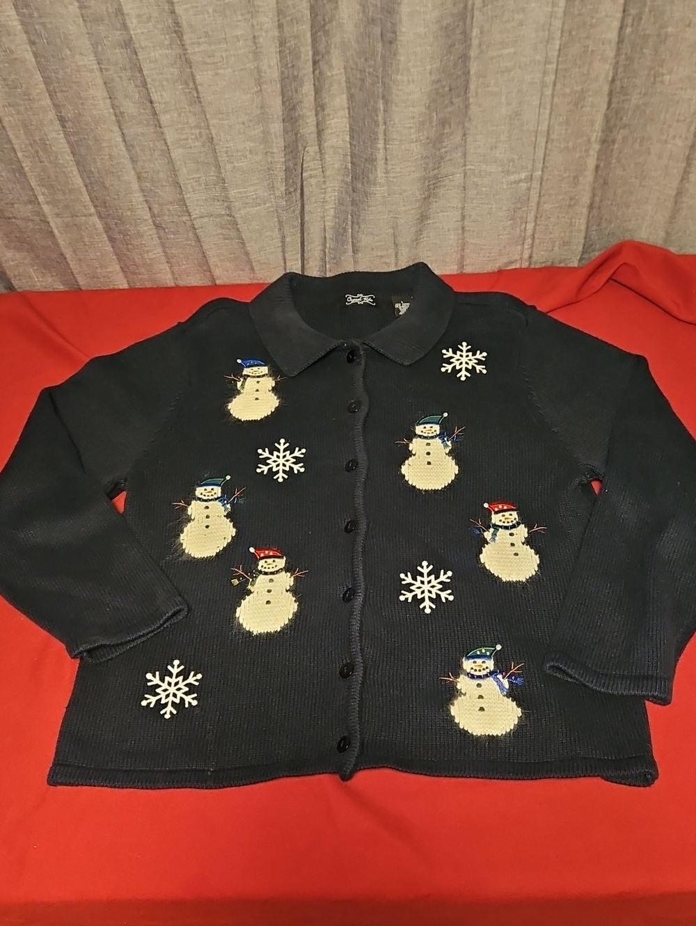 Festive Navy Button-Up Snowman Embroidered Cardigan